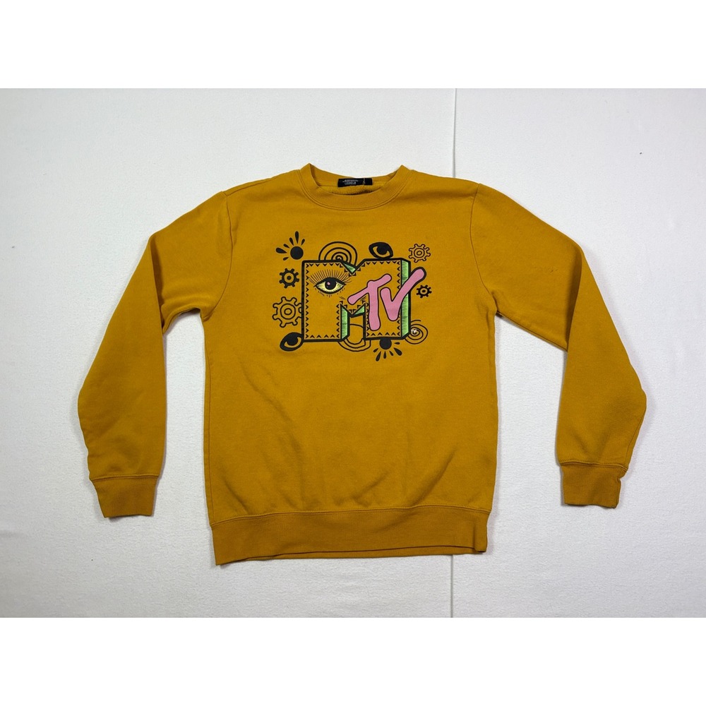 MTV Music Television Graphic Sweatshirt Mustard Yellow Small Psychedelic Logo